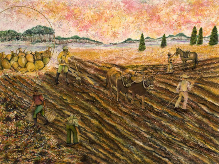 Painting of People Working on a Field With Cattle