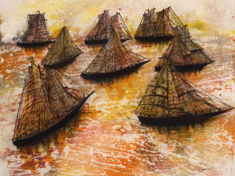Boats Sailing on Orangish Yellow Color Water Painting