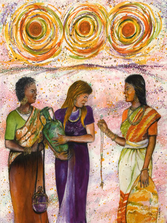 Three women are standing in front of a painting.