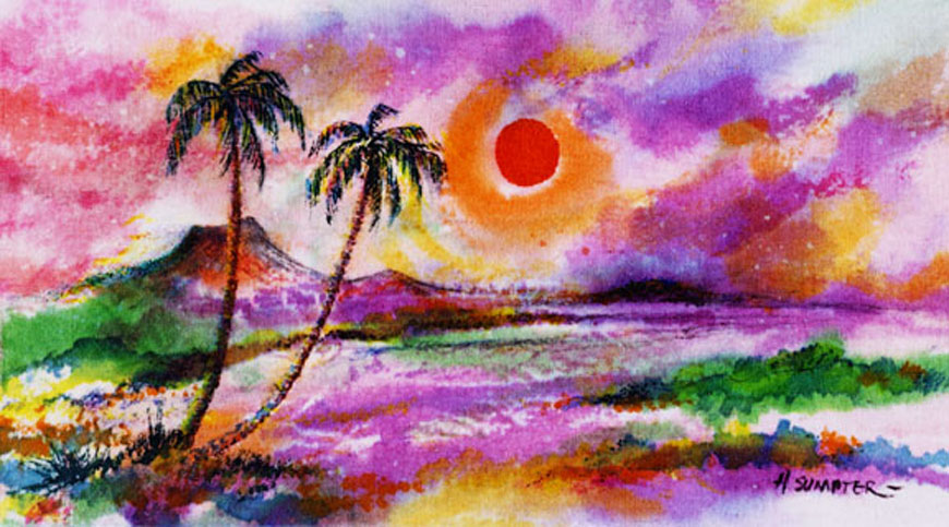 A painting of two palm trees and the sun setting.