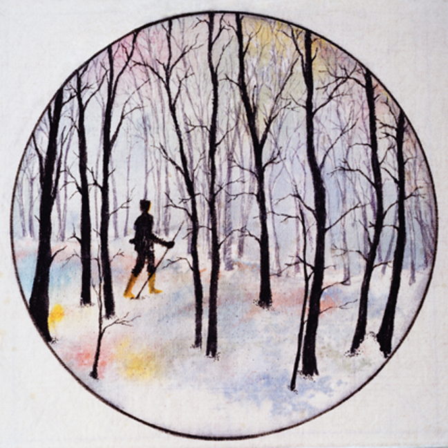 A painting of a person skiing in the woods