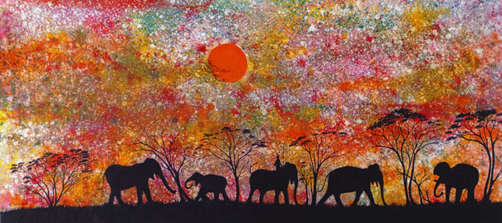 Painting of Orange and Yellow Themed Forest With Elephant Silhouette