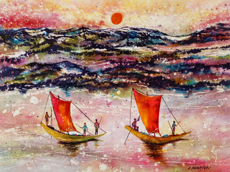Two boats in the water with a red sun setting.