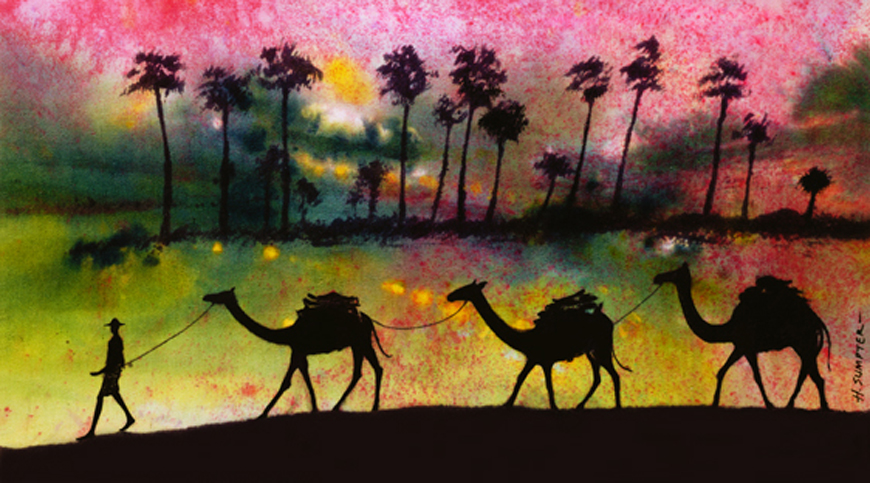 A Pink and Yellow Background With Camel Silhouette