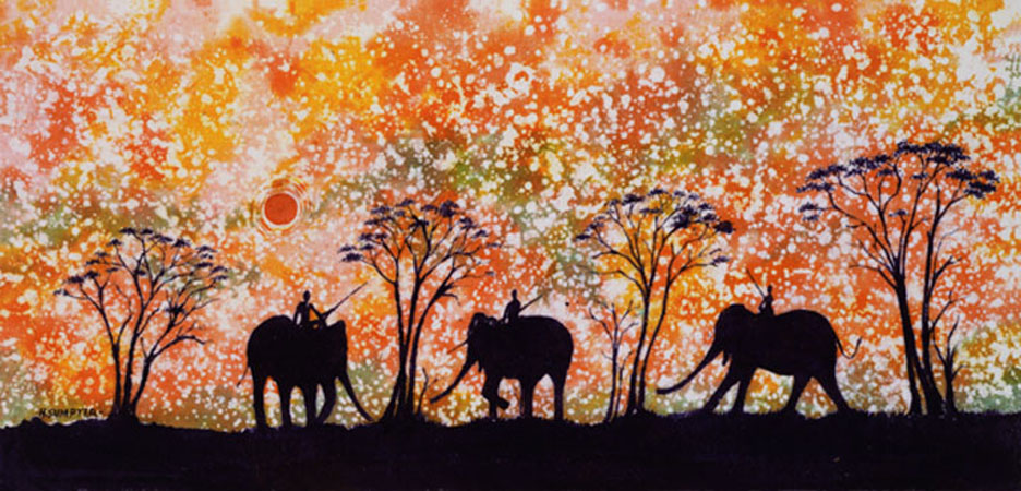 A painting of elephants walking in the grass