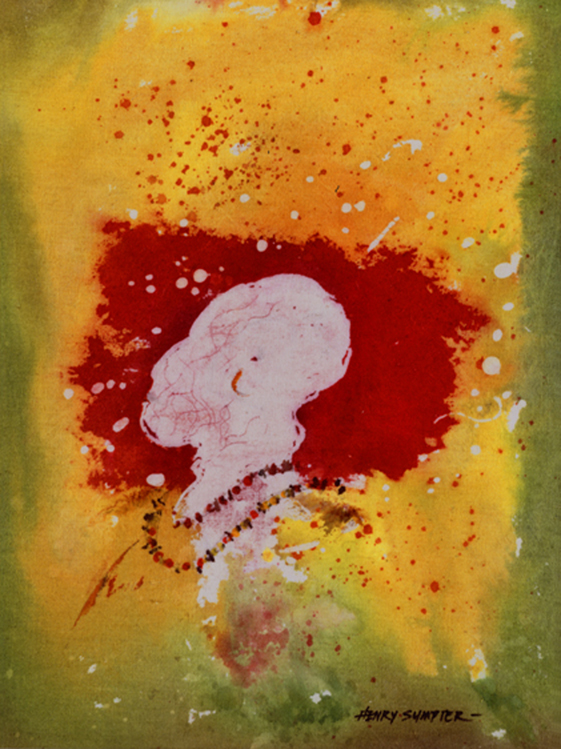 A painting of a person 's head with red paint.