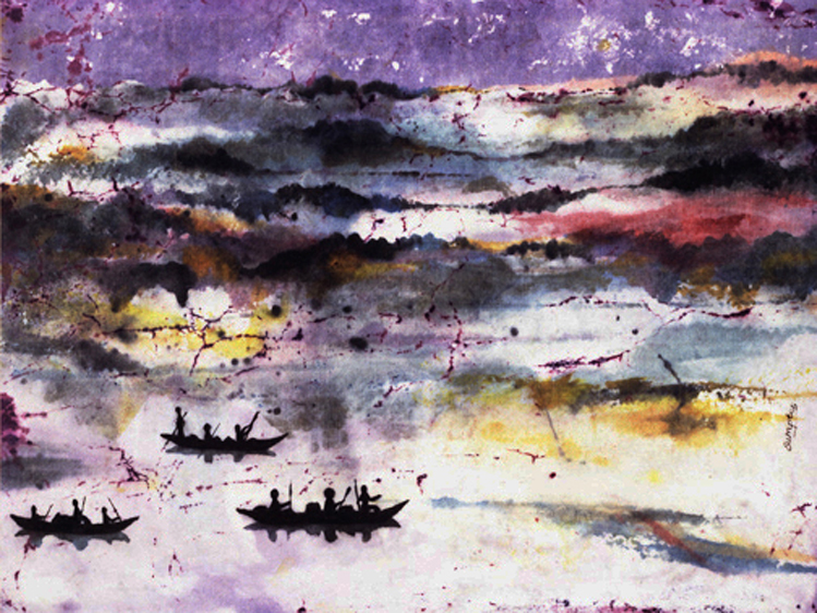 A painting of boats in the water with purple sky.