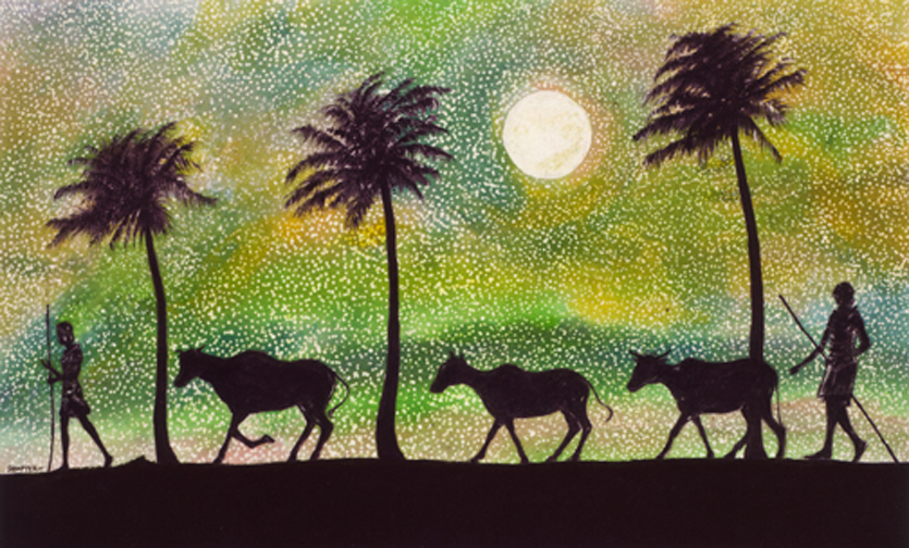 Palm Trees and Cattle in Green and Yellow Background