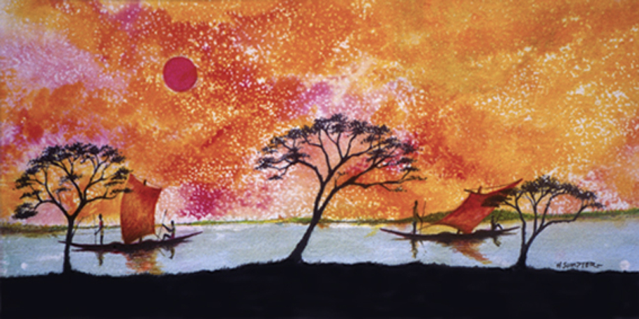 A Lake With Boats and Trees on Shore With Orange Sky