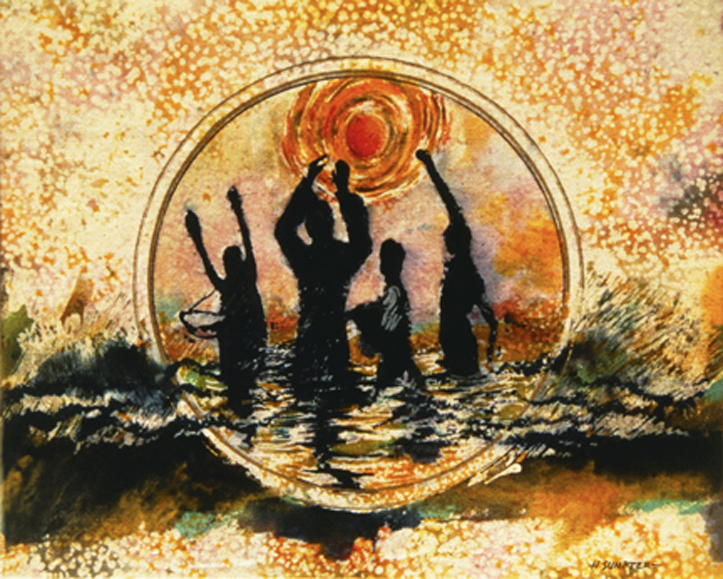 A painting of people in water with an orange sun.