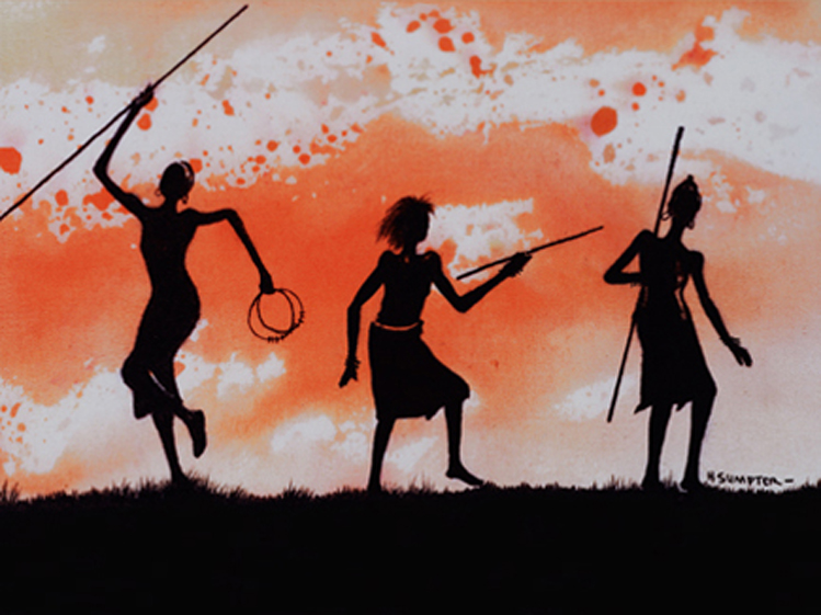 Three people are silhouetted against a red sky.