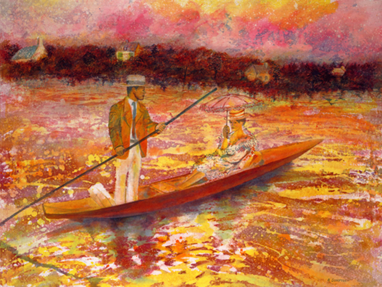 A Man in Suit and Cap on a Boat in Orange Theme