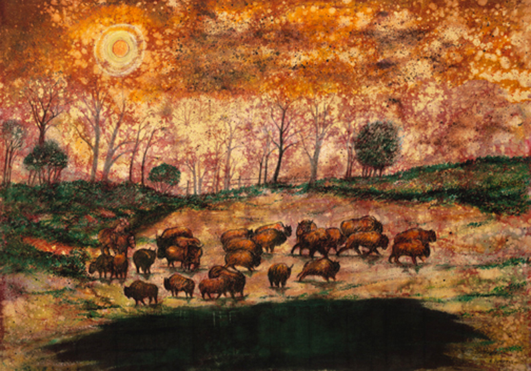 A painting of a herd of bison in the wild.
