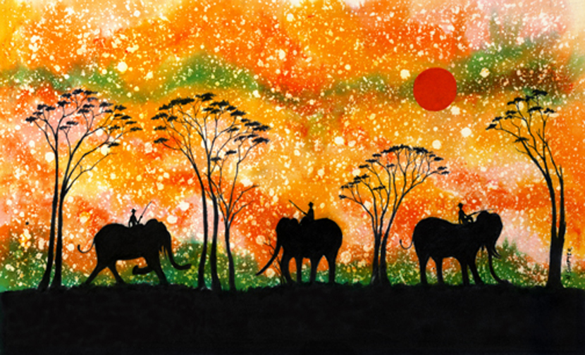 Painting of People on Elephants in Orange and Green Theme