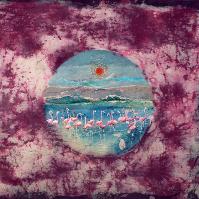 A painting of flamingos in the water on a tie dye background.