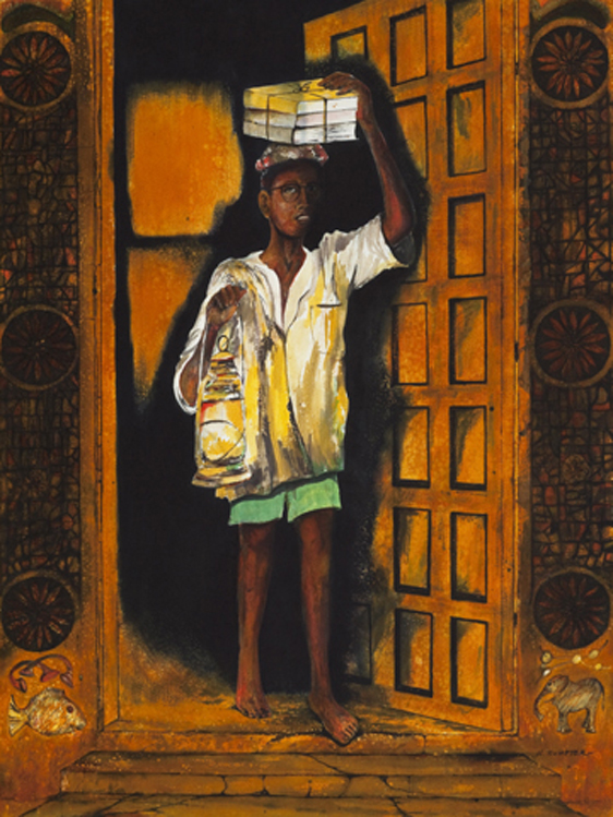 A painting of a man standing in front of a window.