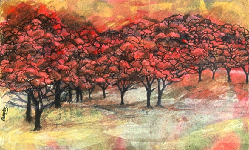 A painting of trees with red leaves in the background.