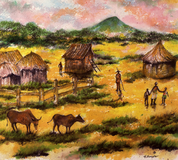 Painting of a Village With Huts and Cattle Grazing