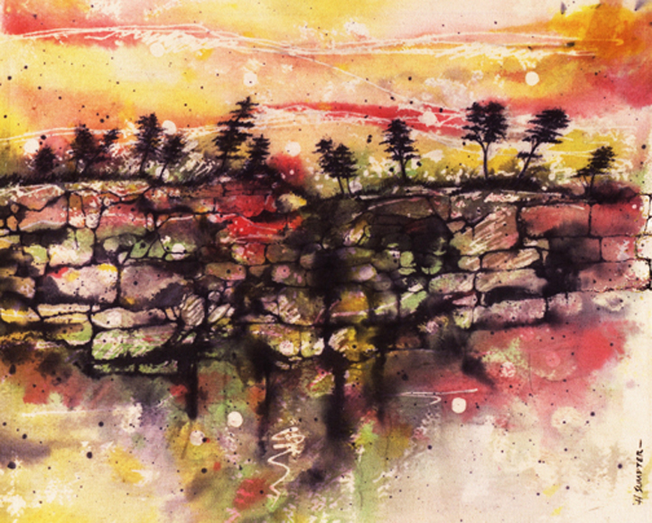 A Pink and Yellow Color Themed painting With Trees