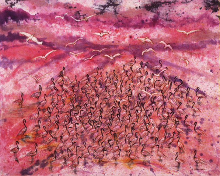 Painting of a Group of Flamingos in Pink Background