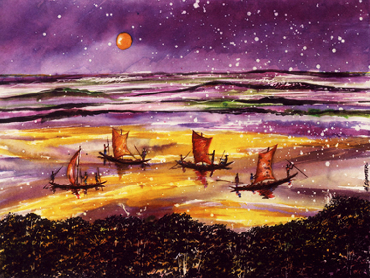Painting of Boats Sailing in Water With Violet Background