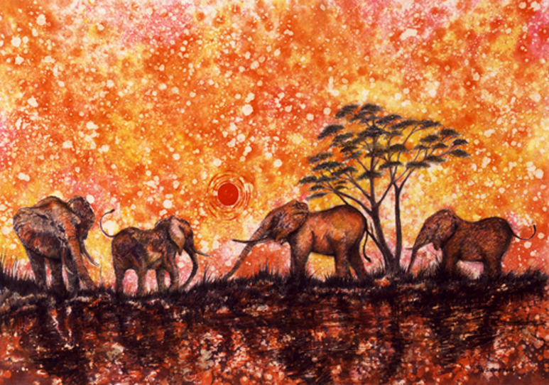 A Painting of Orange Forest With Elephants