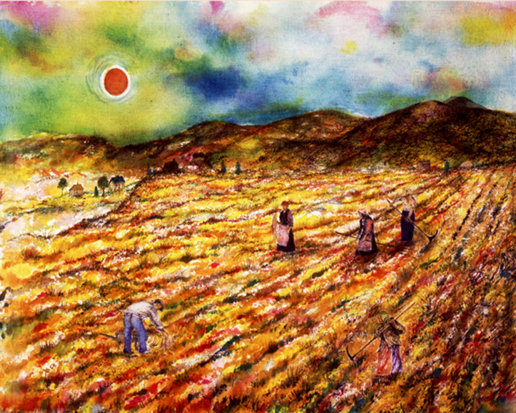 A painting of people in the middle of an open field.