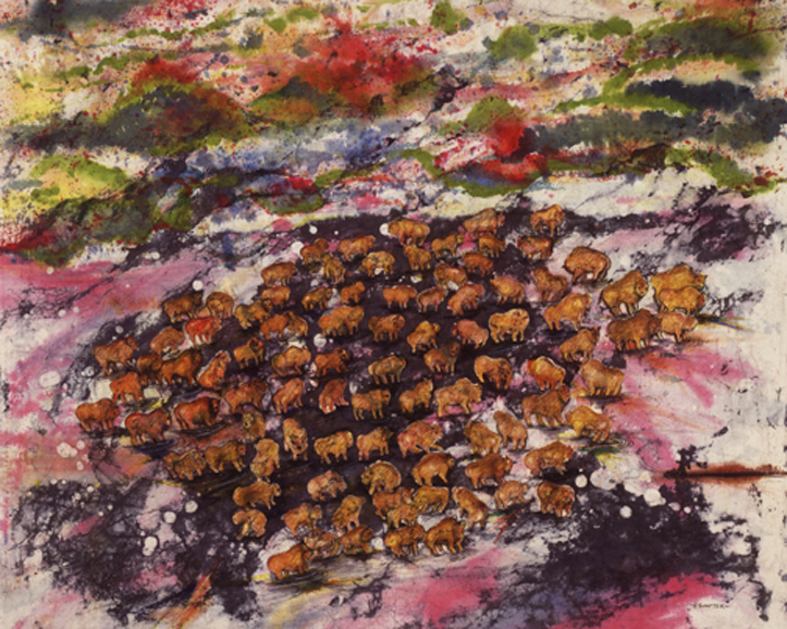 A painting of many small brown mushrooms on the ground.