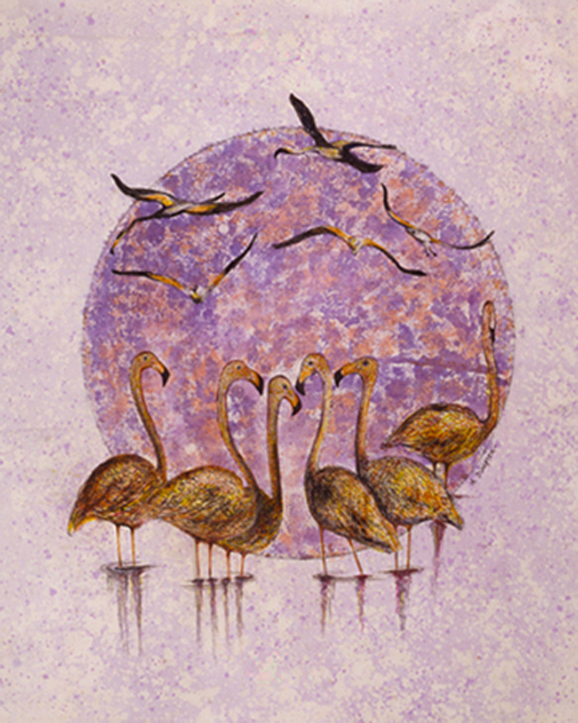 A painting of flamingos and birds in front of the moon.