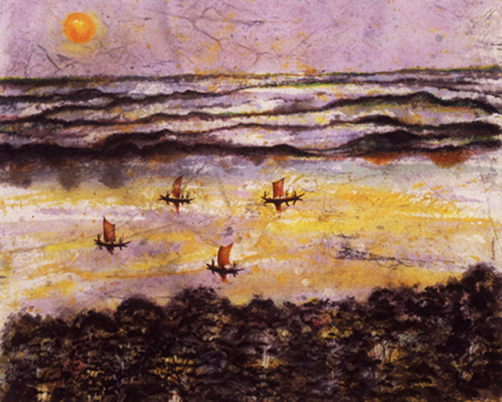 A painting of boats in the ocean on a beach.
