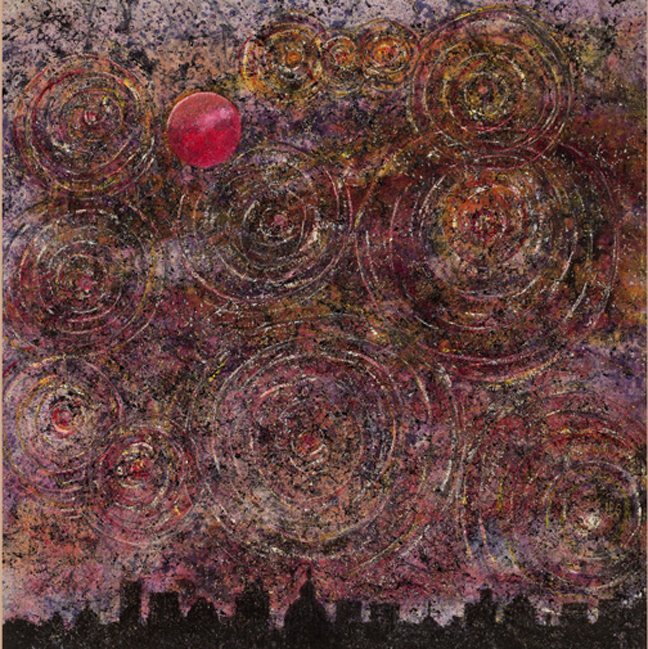 A painting of a red sun and many circles
