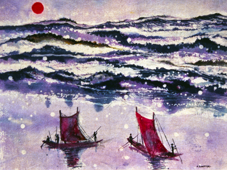 Two boats in the water with a red sun above them.