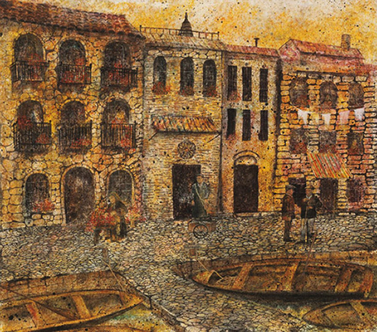 Painting of Brown Shades Brick Building by a Bank With Boats