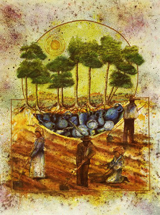 Painting of Trees in a Circle With People Ploughing