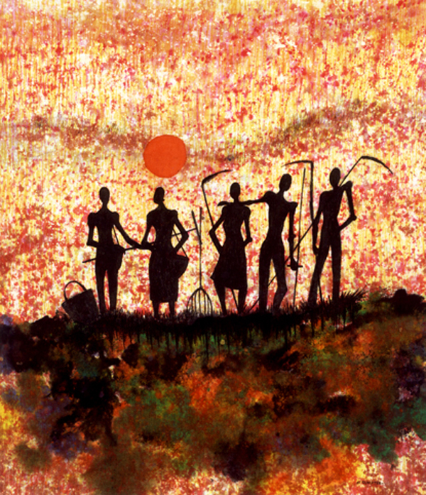 Five Figures Standing on Land in Sunset With Ploughing Tools