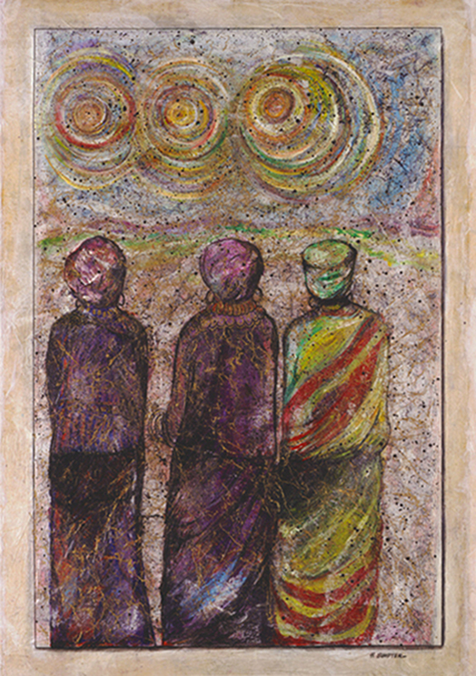 Painting of Three Women Standing in Sun Back