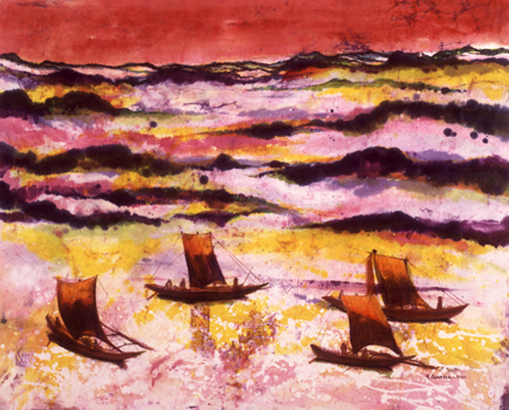 A painting of four boats in the ocean