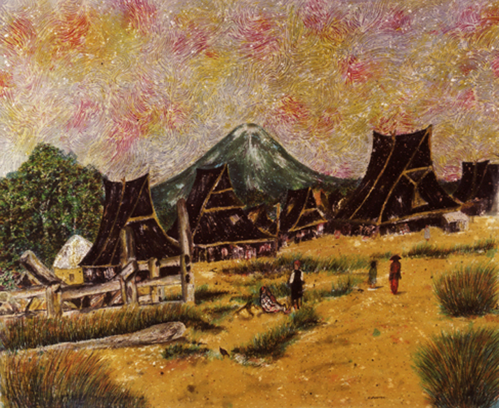 A painting of a village with mountains in the background.