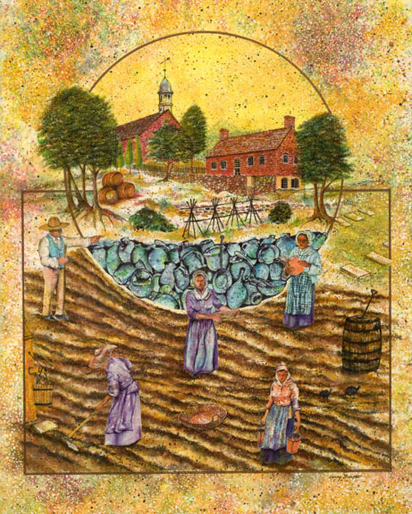 A painting of people working in the field