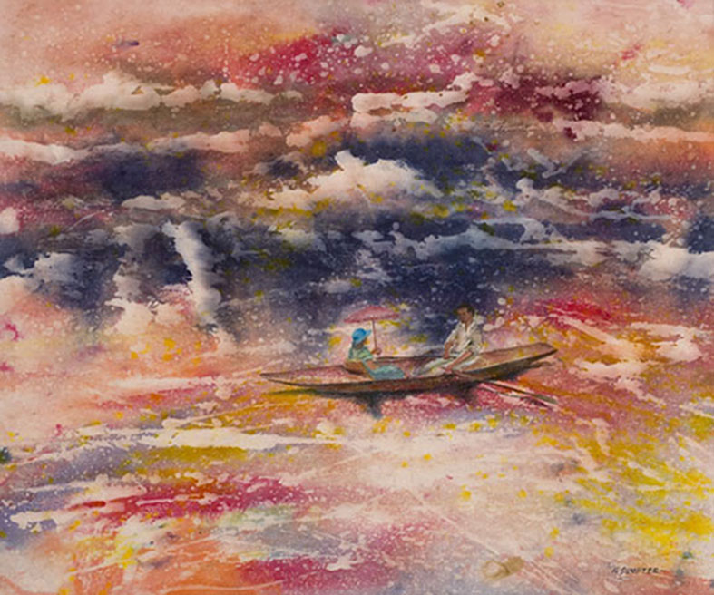A painting of a boat in the ocean