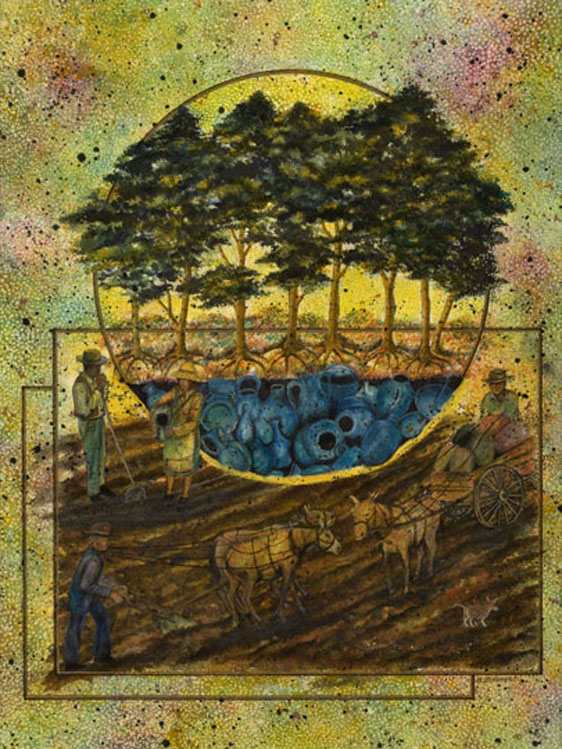 A painting of trees and people in the background.